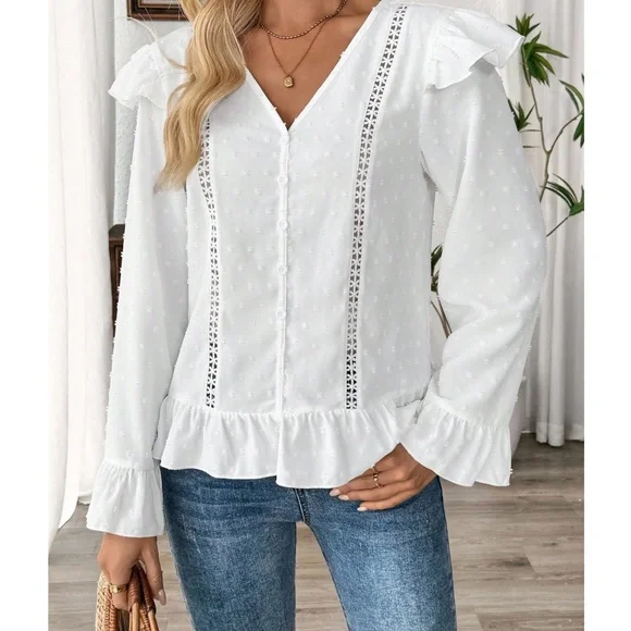Classic Polka Dot V neck Button Detail Ruffle Hem Long sleeve Blouse
